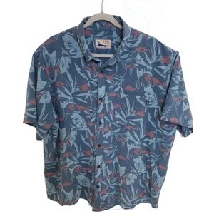 Huk Fishing Shirt Mens 2XL Blue Hawaiian Aloha Button‎ Down Short Sleeve Stretch